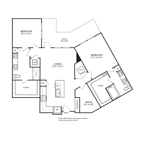 Floor plan for 2 beds, 2 baths, 1207 sqft